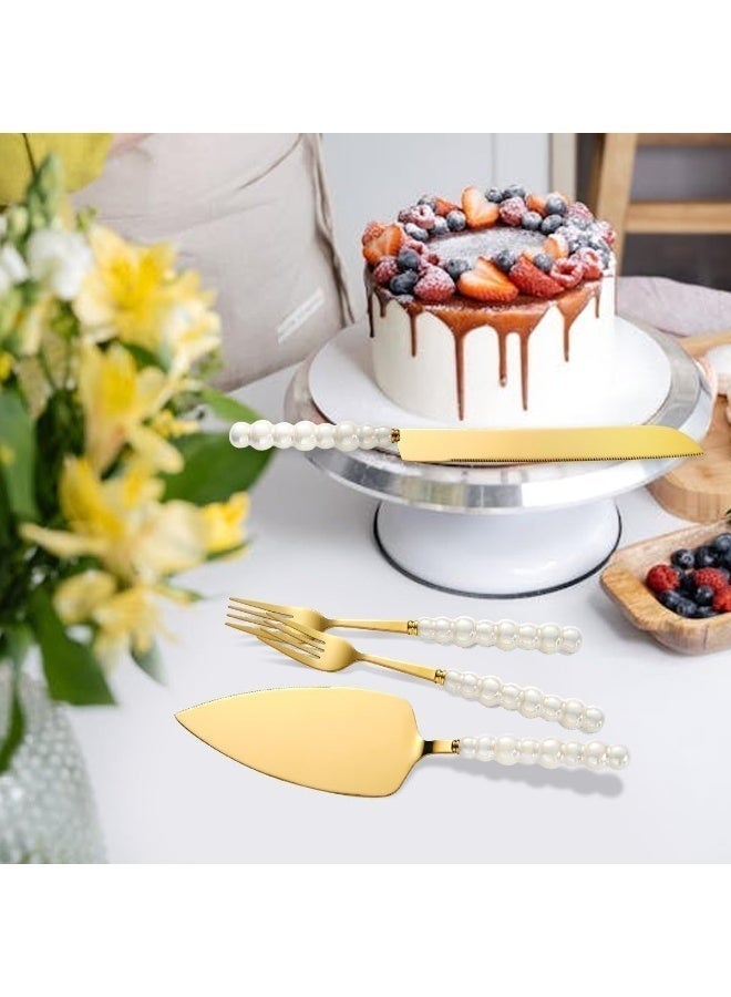 YSR VEF 4 PCS Pearl Cake Serving Set,Wedding Cake Knife and Server Set with Forks,Cake Cutting Set with Stainless Steel Serrated Edges Pearl Handle Cake Cutting Set ,Stainless Steel PieCutter Pizza Spatula, Wedding/Birthday/Anniversary Bridal Gift, Engagement Gift for Couples (Gold) - Image 3